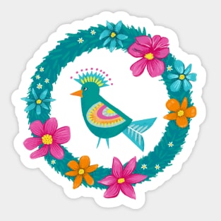 Colorful bird in a green wreath with flowers | repeat pattern Sticker